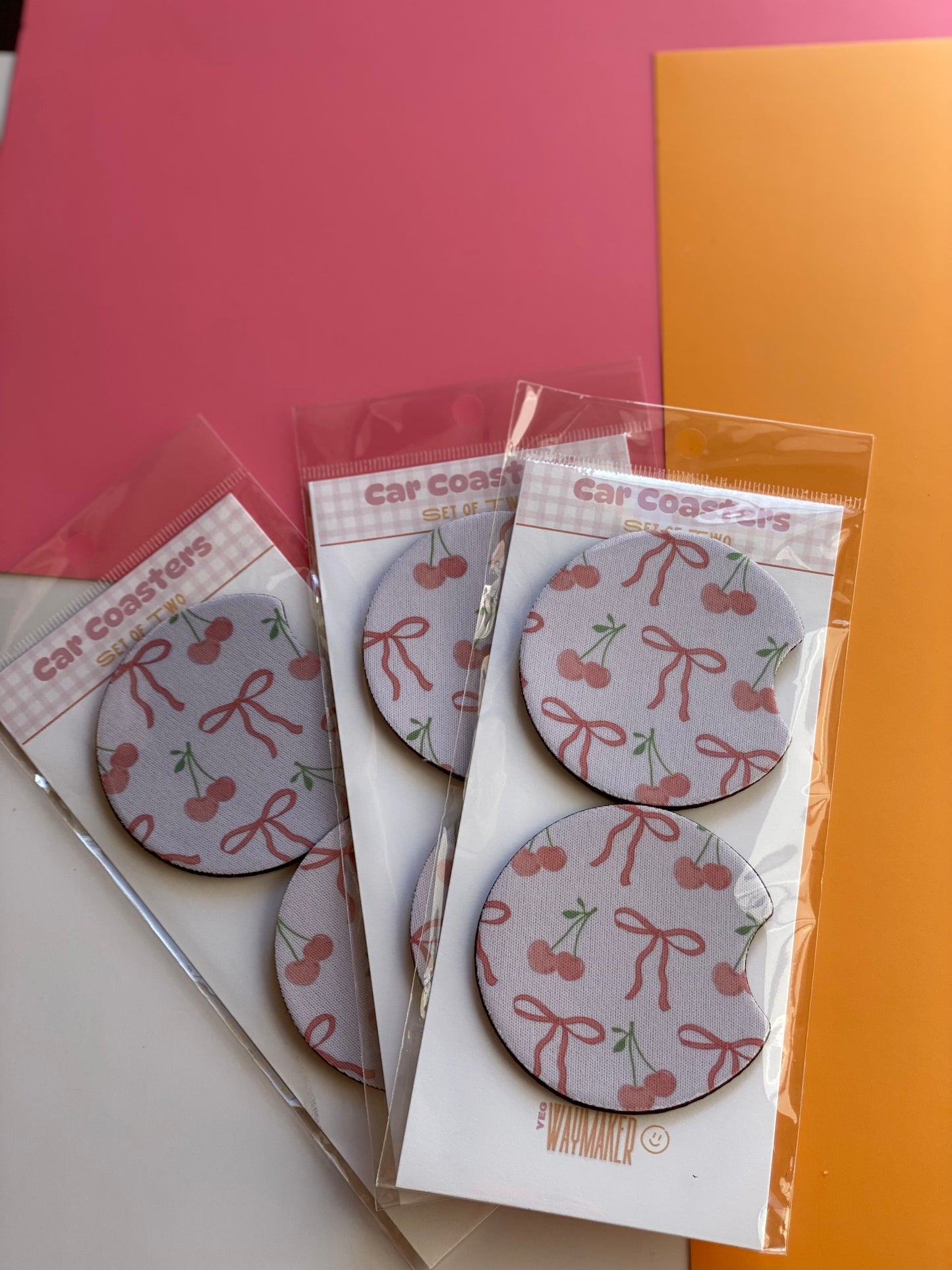 Bows+Cherry Car Coaster Set